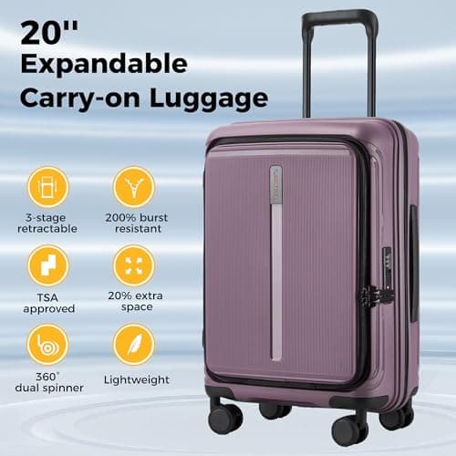 Haimyren 20“ Expandable Carry on Luggage Front Opening, 22x14x9 Airline Approved Hardshell Spinner Carry-on Suitcase with Wheels, TSA Lock, Lightweight Durable Travel Luggage (Purple, 20 inch) 5