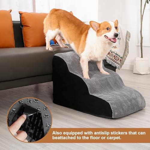 Dog Stairs for Small Dogs, 15.35”H 3 Steps Pet Steps for High Beds and Couch, Non-Slip Bottom Dog Steps,High Density Foam Pet Stairs Ramp for Small Dogs and Cats, with Removable Washable Cover, Grey 6