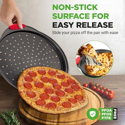 NutriChef 13-Inch Nonstick Pizza Tray - Round Carbon Steel Non-Stick Pizza Pan with Perforated Holes, Premium Bakeware Pizza Screen with Silicone Grip Handles, Dishwasher Safe - NCBPIZ1 5