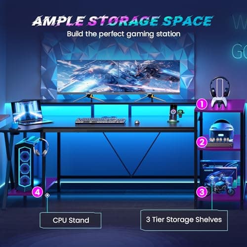 SEDETA Gaming Desk 70.8'' with LED Lights and Storage Shelves, Computer Desk with Monitor Stand, Power Outlets and Cup Holder, Large PC Gamer Desk, Gaming Table for Bedroom, Living Room, Black 9