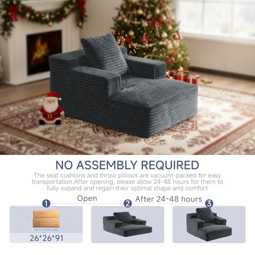 45'' Chaise Lounge Chair Indoor, Corduroy Upholstered Boneless Sofa Bed, Deep Seat Sleeper Couch Reading Chairs, Small Comfy Cloud Sofas Couches for Living Room, Bedroom, Movie Room (Dark Grey) 7