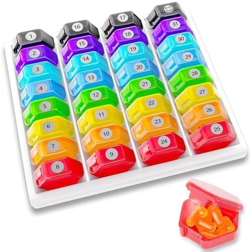 Monthly Pill Organizer 1-Time a-Day: 30 Day Pill Organizer with Labels, Portable Monthly Pill Box, Month Pill Holder for Vitamin, Medicine, Fish Oil, Supplements