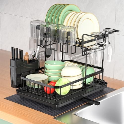 Loftiage Dish Drying Rack and Drainboard Set, Large Dish Racks for Kitchen Counter, 2 Tier Dish Strainers, Black Dish Drainer with Utensils, Pot, Knives, Cutting Board Holders and Drying Mat
