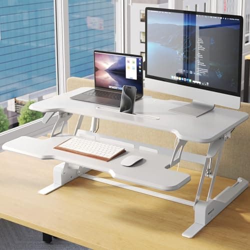 Mount-It! Standing Desk Converter White 38” Wide Height Adjustable Stand Up Desk Riser, Desk Topper with Gas Spring, Desktop Standing Desk with Keyboard Tray Fits Two Monitors 7