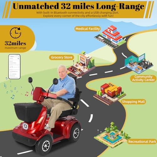 MS02 MAX All Terrain 1000W Electric Mobility Scooter for Adults& Seniors - 500LBS Load & 32 Miles Range Powerd Wheelchair Device w/Off-Road Absorber, Bluetooth Speaker, Dual Baskets, LED Light System 8