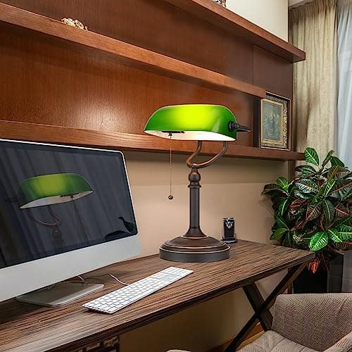 Newrays Antique Green Glass Bankers Desk Lamp with Pull Chain Switch Plug in Fixture 3