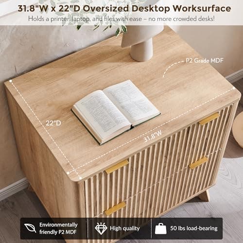 T4TREAM 2 Drawer File Cabinet, 31.8" Fluted Lateral File Cabinet w/Files Hanging Rod for Letter/Legal/A4, Large Tabletop for Printer, Office Wood Printer Cabinets, Natrual Oak 5