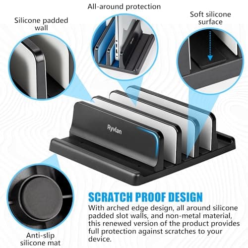 Ryvlan Vertical Laptop Stand, 3 Slot Adjustable Laptop Storage Rack and Desk Organizer, Silicone-Padded Holder for Multiple Devices Storage, Compatible Stand for Tablets and Devices up to 17 Inches 5