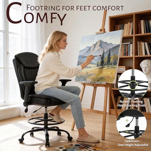 Drafting Chair,Executive Tall Office Chair Flip-up Armrests for Counter Height Desk Drawing Use,High Task Chair with Adjustable Foot Ring & Inflatable Lumbar Support, Swivel Computer Stool,PU Black 7