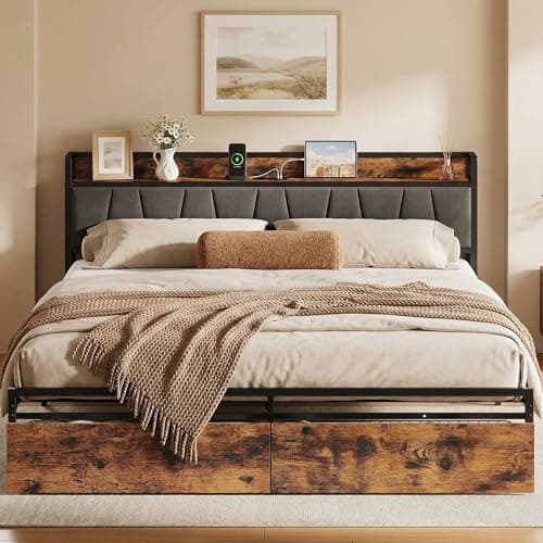 LIKIMIO California King Size Bed Frame, Storage Headboard with Charging Station, Platform Bed with Drawers, No Box Spring Needed, Easy Assembly, Vintage Brown and Gray