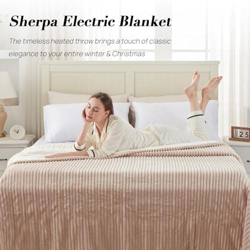 Westinghouse Full Size Heated Blanket, Soft Flannel to Sherpa Reversible, Electric Blanket Full with 10 Heating Settings & 1-12 Hours Auto Shut Off, Machine Washable, (72" x 84", Beige) 7