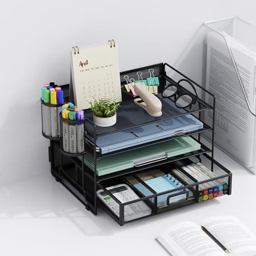 Marbrasse Desk Organizer and Accessories4-Tier Paper File Letter Tray Accessories & Workspace Desk Organizers with Drawer and 2 Pen Holders for School Home Office Supplies (Black) 9