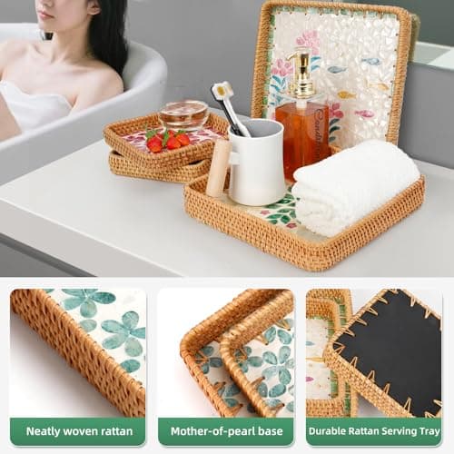 1 pcs Rectangle Rattan Serving Tray with Mother of Pearl Inlay, Decorative Wicker Tray for Coffee, Bread, Fruits, Elegant Table Decor for Living Room & Dining Room 5