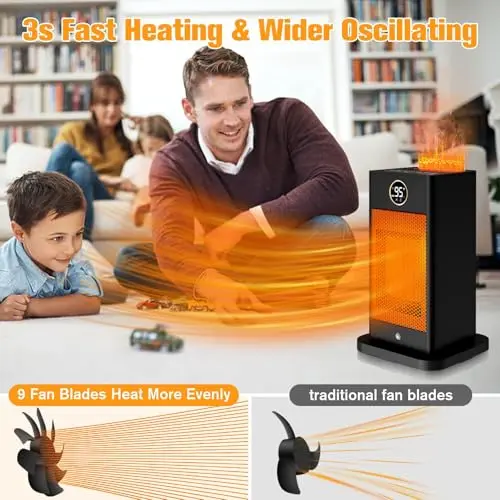 Space Heaters for Indoor Use,1500W PTC 2s Fast Heating Space Heater Large Room with Sensor Humidifier 3D Flame Effect Oscillating,Heater for Bedroom,Office,Dark Black 5