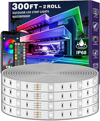 Outdoor LED Strip Lights Waterproof,IP68 Outside Led Light Strips Waterproof with Bluetooth App Remote Control,Music Sync RGB Exterior Led Rope Lights,for Balcony,Deck,Roof,Garden,Pool (300FT Outdoor)