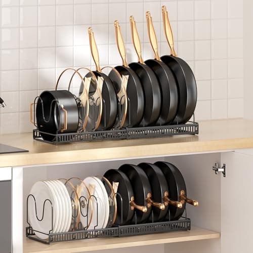 MUDEELA Pots and Pans Organizer Rack for under Cabinet, Expandable 11.81''-22.85'' Pot Lid Kitchen Cabinet Organizer Holder with 10 Adjustable Compartment Cutting Board Organizer for Pan Lid, Bakeware 7