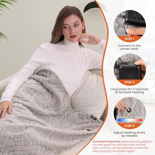 Shaggy Heated Throw Blanket with Power Bank- Soft Faux Fur Battery Heated Blanket, Fast Heating, 3 Heat Setting, Machine Washable Electric Blanket, Cordless Heated Blanket 59"x35.5"(Gray-Green) 6