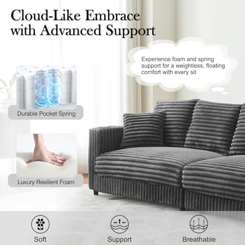 Kalafini 96.8'' Oversized Cloud Couch, 4 Deep Seats Modular Sectional Sofa with Cup Holders & Storage, Plush Corduroy Upholstered Memory Foam Couches for Living Room, Apartment, Office, Grey 5