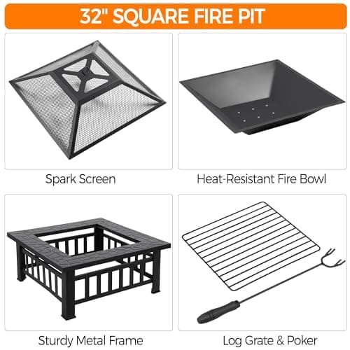 Yaheetech Multifunctional Fire Pit Table 32in Square Metal Firepit Stove Backyard Patio Garden Fireplace for Camping, Outdoor Heating, Bonfire and Picnic 8