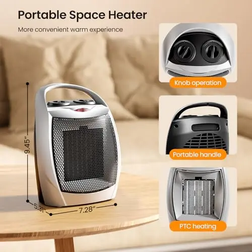 Kismile Small Electric Space Heater,Portable Ceramic Space Heater Fan for Office with Adjustable Thermostat and Overheat Protection ETL Listed for Kitchen, 750W/1500W(Silver) 5