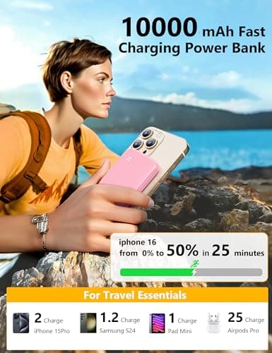 Alongza Portable Charger Built-in Cables and AC Wall Plug, Slim Fast Charging Power Bank 10000mAh, Lightweight USB C External Battery Pack Compact Travel Cell Phone Charger 5