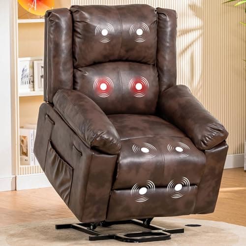 COMHOMA Power Lift Recliner for Elderly, Lift Chair with Heat and Massage，PU Recliner Sofa with 2 Side Pockets and Infinite Position for Living Room (Brown)
