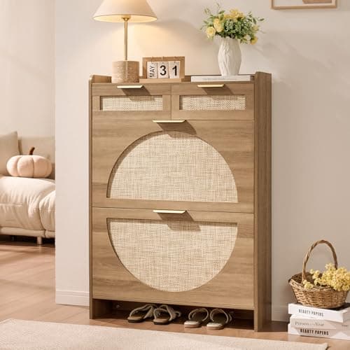 WINWY Rattan Shoe Storage Cabinet with 2 Flip Drawers & 2 Drawers, Freestanding Organizer for Front Door Entrance, Hidden Narrow Shoe Rack Cabinet Storage for Entryway, Rustic Oak Rattan