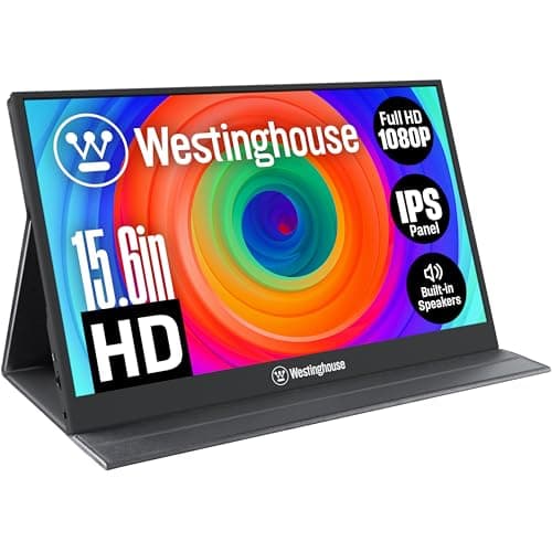 Westinghouse 15.6 Inch Portable Monitor for Laptop & Travel, 1080p, 60Hz, IPS Display, Full HD Screen with Magnetic Protective Cover, Built in Speakers, 1x Mini HDMI, 1x USB Type-C