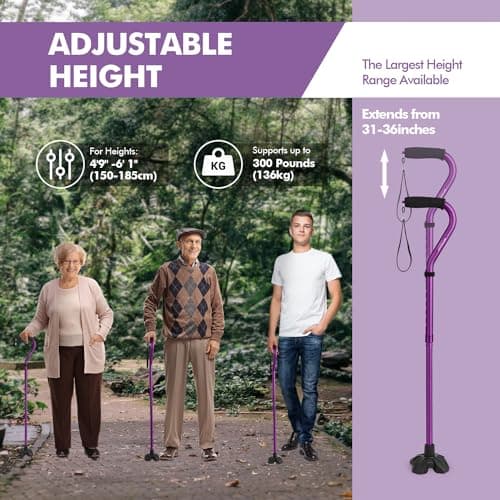 GPTCAMP G1 Walking Stick, Walking Cane for Women & Men with Wrist Strap, Lightweight & Sturdy Offset EVA Handle, Large Quad Base, Self Standing for Seniors and People with Injuries & Recovery 6