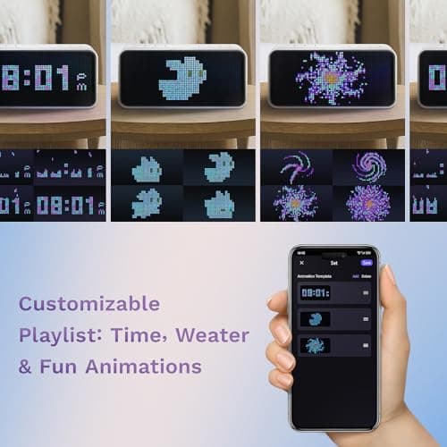 PixelRise Smart Alarm Clock for Bedroom, Cool Pixel Art LED Dot Matrix Display - Weather Temperature Animation, Loud Dual Alarm for Heavy Sleeper, Sleep White Noise, WiFi Weather & Time Sync, 7