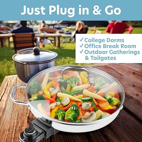 XL Electric 16" Skillet By CucinaPro- 18/10 Stainless Steel Frying Pan with Tempered Glass Lid and Handle, Round with Adjustable Temperature Control Probe, Portable, Includes Recipe Guide, Great Gift 5