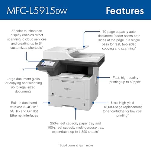Brother Professional Laser Printer All-in-One with Scanner and Copier, High-Speed 50 ppm Monochrome Printing, Wireless Network Ready, Dual-Band WiFi, Auto 2-Sided Print (MFC-L5915DW) 2
