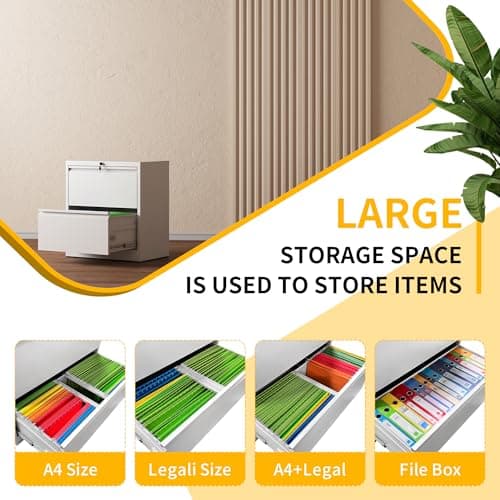 Reegangfa File Cabinet with Lock, 2 Drawer Lateral Filing Cabinets for Home Office, White Metal Heavy Duty File Cabinets for Hanging Letter/Legal/F4/A4 Size Files, Assembly Required 5