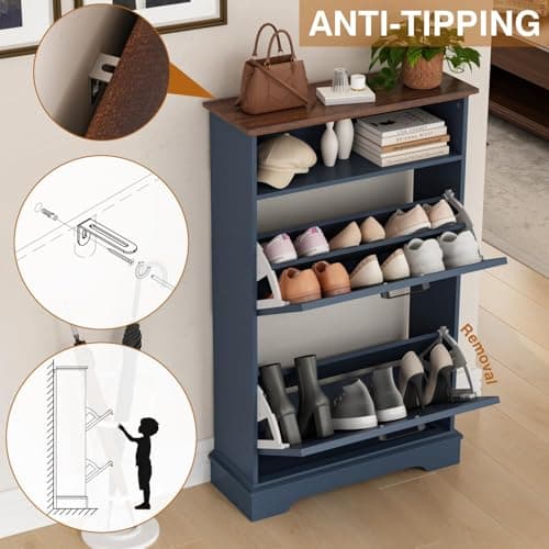 Shoe Storage Cabinet with 2 Flip Drawers, 24" W Farmhouse Modern Hidden Shoes Rack with Adjustable Shelves & Open Storage, Narrow Slim Shoe Organizer for Front Door Entrance, Entryway, Navy Blue 5
