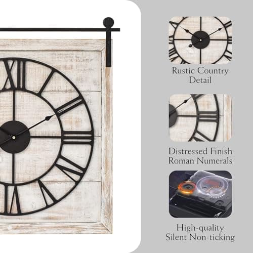 Vintage Barn Door Wall Clock - Distressed White Wash Finish, Large Rustic Farmhouse Wood Clock for Home, Wall and Farmhouse Décor, 24x23.6 Inches 5