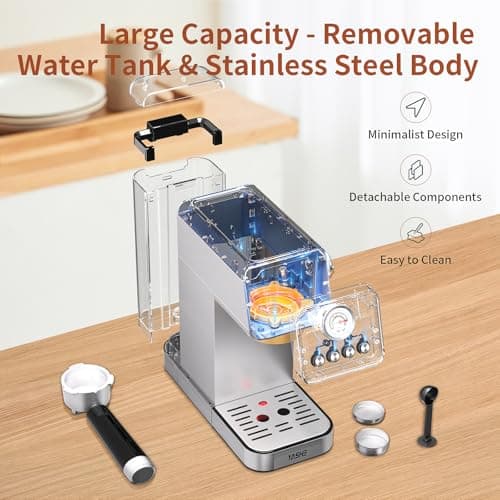 YASHE Espresso Machines 20 Bar, Upgraded 1350W Espresso Maker with Milk Frother Steam Wand and 37.2oz Removable Water Tank, Semi-Automatic Steam Espresso Coffee Maker, Cappuccino Machine for Home 5