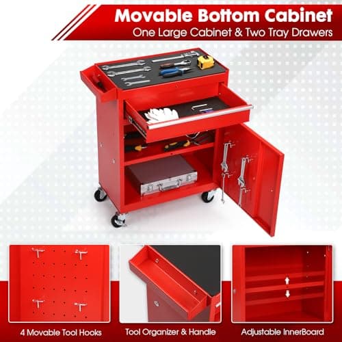 Dawmilon 5-Drawer Rolling Tool Chest with Wheels - High Capacity Tool Cabinet with Detachable Top Toolbox for Garage and Workshop Organization - Metal Tool Cart with Liner & 4 Hooks, Red 4