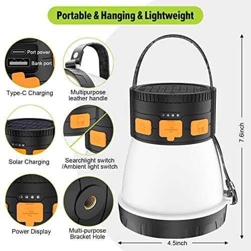 LED Camping Lantern, 1500 Lumens Camping Lantern Rechargeable with Solar Panel Charging, Waterproof, 8 Light Modes, 7500mAh Power Bank, Camping Flashlight for Hurricane Emergency, Hiking, Outdoor 7