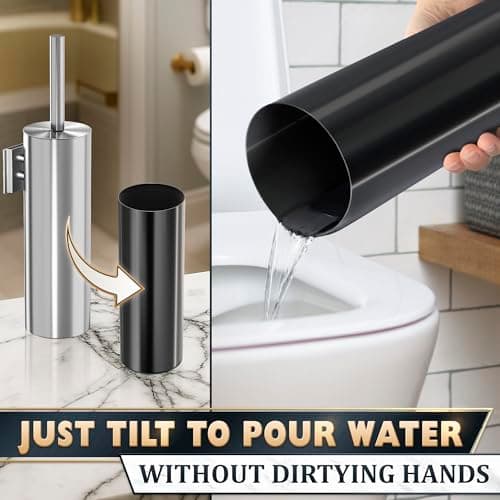 Silver Modern Toilet Brush and Holder Set with Wall Mount - Stainless Steel Toilet Brush with Holder - Removable Inner Bowl, Shiny Design, Splash Protection & Dense Bristles for Bathroom Cleaning 8