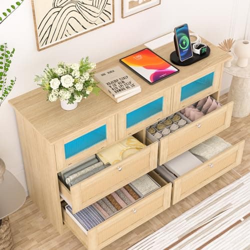 Yeyawomy Dresser for Bedroom, 7 Drawers Rattan Dresser with LED Light and Charging Station,Dressers & Chests of Drawers,Wooden Long Dresser for Bedroom and Living Room 6