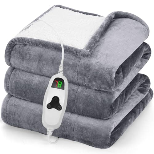 greenoak Heated Blanket Electric Throw 50"X60", Heating Blanket with 10 Heat Levels 1/2/4/6/8 Hours Auto-Off,Fleece Soft Sherpa Blanket,Gifts for Grandma Mom Seniors, Misty Grey