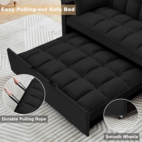 Tmsan 55.2" Loveseat Pull Out Couch, 3 in 1 Velvet Convertible Sleeper Sofa Bed for Living Room, Small Love Seat Futon Sofa Bed with Reclining Backrest, Toss Pillows, Side Pockets for Small Spaces 5