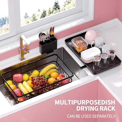 Urackify Dish Drying Rack for Kitchen Counter, Kitchen Dish Rack Black, Large Sink Dish Drainer Dryer Rack Small Space, Kitchen Dishes Strainer Drying Rack with Drain Board Cup Holder Cutlery Holder 6