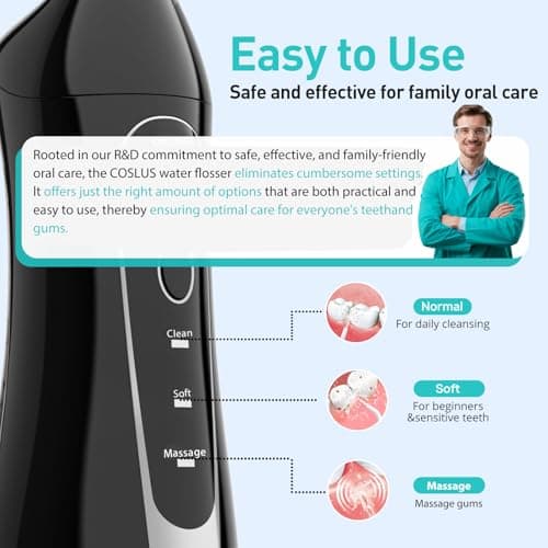 COSLUS Water Dental Flosser Teeth Pick C20(F5020E): Portable Cordless Oral Irrigator 300ML Rechargeable Travel Irrigation Cleaner IPX7 Waterproof Electric Flossing Machine for Teeth Cleaning 5