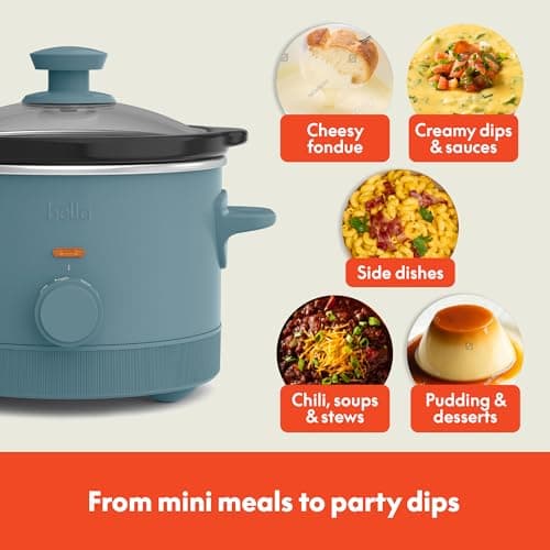 bella 1.5 Qt Slow Cooker with 3 Heat Manual Control, Ceramic Nonstick Coating, Dishwasher Safe Stoneware Pot and Tempered Glass Lid, Tangle Free Cord Wrap & Cool Touch Handles, Surf 6