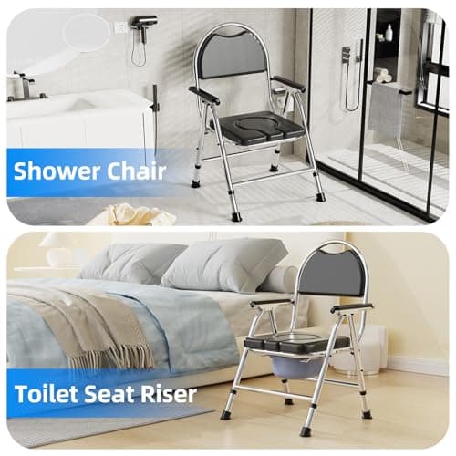 4 in 1 Folding Bedside Commode Chair for Elderly with Arms and Back,Adjustable Height Raised Toilet Seat with Handles,Adults Potty Chair for Seniors,Disabled Holds Up to 350 lbs 7