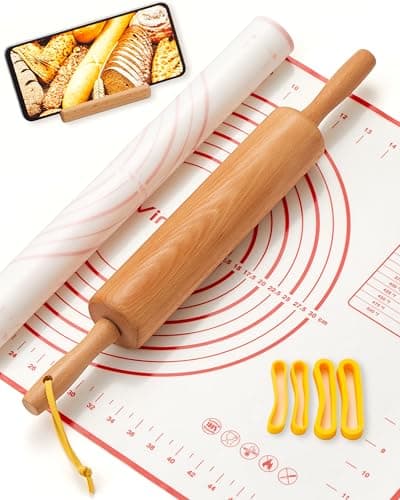 Classic Wood Rolling Pin, 17" Rolling Pins for Baking with Silicone Mat and Adjustable Thickness Rings, Pasta Roller with Wood Base, Fondant Roller for Pie Crust, Cookies, Pizza Dough and Bread