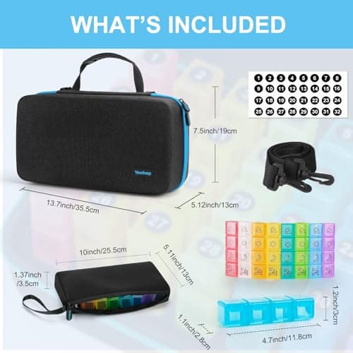 Yewltvep Monthly Pill Organizer 4 Times a Day, Pill Box Organizer with 32 Daily Compartments, 30 Day Pill Organizer 4 Times a Day Pill Holder with Hard Shell Travel Case+Weekly Pill Bag 4 Times a Day 7