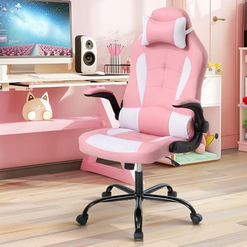 Pink Gaming Chair for Girls & Adults - Ergonomic High Back Office Desk Chair with Adjustable Lumbar Support, Flip-Up Arms & Headrest - PU Leather Swivel Computer Task Chair for Kids & Teens 9