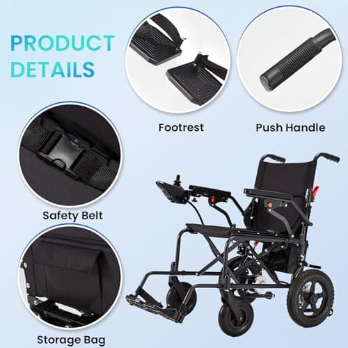 BNEHS Foldable Electric Wheelchair for Adults, Lightweight Power Wheelchair with 500W Dual Motor, Storage Bag, 15 Miles Long Range, All-Terrain Motorized Wheelchair Suitable for Seniors, Black 6